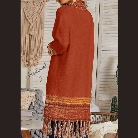 NEW Bohemian Tribal Fringe Cardigan With Pockets - Picture 2 of 10